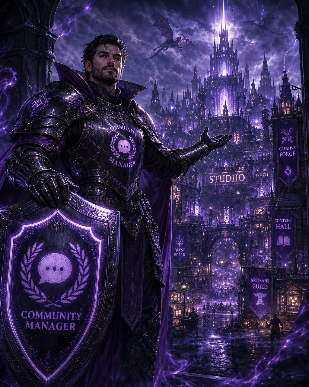 A powerful armored community manager stands ready to assist a glowing fantasy studio kingdom